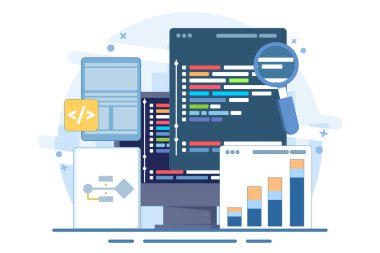 Bilgisayar programlama konsepti, yazılım veya oyun geliştirme. Kodlama sembolleri ve programlama pencereleriyle vektör illüstrasyonu. Bilgi teknolojisi ve bilgisayar mühendisliği. Düz vektör illüstrasyonu.