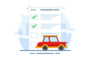 Araç kontrol listesi konsepti veya araba bakım teknik servis düz grafik illüstrasyonu, araba güvenliği teftişi, otomotiv doğrulama denetimi satın alın. vektör illüstrasyonu.