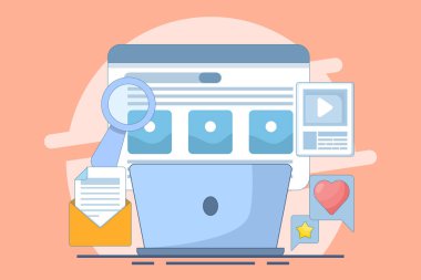 Arama motoru optimizasyon kavramı, arama motorlarında web sitesi sıralaması, SERP, SEO optimizasyonu web sitesi sıralaması, SERP ve SEO optimizasyonu, ikonlu vektör illemesi.