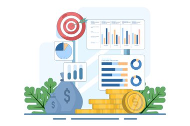 muhasebe veya finans kavramı, iş planı ve bütçesi, analist, muhasebeci, ekonomi, yatırım büyümesi veya gelir karı, düz vektör illüstrasyon afişi ve geçmiş.