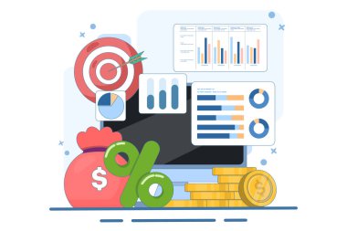 muhasebe veya finans kavramı, iş planı ve bütçesi, analist, muhasebeci, ekonomi, yatırım büyümesi veya gelir karı, düz vektör illüstrasyon afişi ve geçmiş.