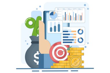 muhasebe veya finans kavramı, iş planı ve bütçesi, analist, muhasebeci, ekonomi, yatırım büyümesi veya gelir karı, düz vektör illüstrasyon afişi ve geçmiş.