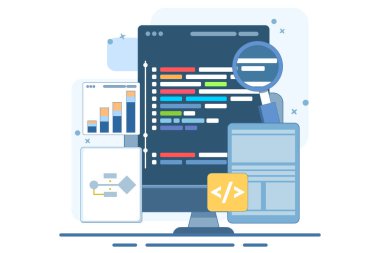 Bilgisayar programlama konsepti, yazılım veya oyun geliştirme. Kodlama sembolleri ve programlama pencereleriyle vektör illüstrasyonu. Bilgi teknolojisi ve bilgisayar mühendisliği. Düz vektör illüstrasyonu.