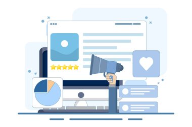 İçerik pazarlama kavramı, markalı içerik tanıtımı, sosyal medyada içerik paylaşımı, sosyal medyada içerik paylaşımı, dijital pazarlama stratejisi, ikonlu vektör illüstrasyonu.