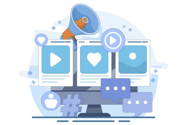 İniş sayfası, web afişi, uygulama için sosyal medya pazarlama kavramı. Çevrimiçi iş stratejisi, iş içeriği stratejisi, pazarlama materyalleri, dijital pazarlama çevrimiçi bağlantı. Düz vektör illüstrasyonu.