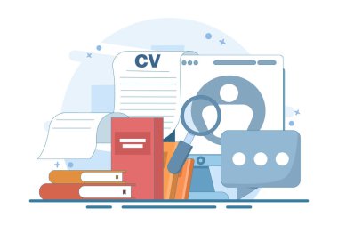 İş arama konsepti. Adam toplama ajansı. Çevrimiçi iş görüşmesi, işe alım süreci, aday seçimi, özgeçmiş, özgeçmiş ve iş olanakları. Web pankartı için vektör illüstrasyonu.