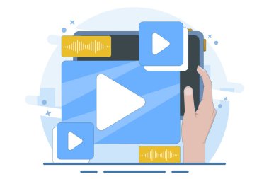 akıllı aygıt üzerine video oynatıcı ekran konsepti, iniş sayfası, UI, mobil uygulama, eğitim veya e-öğrenme ve video öğretim pencereli çevrimiçi video içeriği. Düz Çizim.