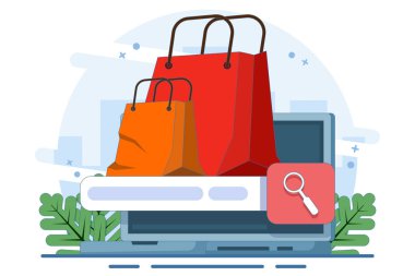 Ürün arama konsepti, web mağazası araştırması. İnternetten alışveriş. Mağaza araması. Ürünleri online olarak bulmak ve karşılaştırmak için arama özelliği, fiyat alıntıları, satıcı bilgileri. Düz vektör illüstrasyonu.