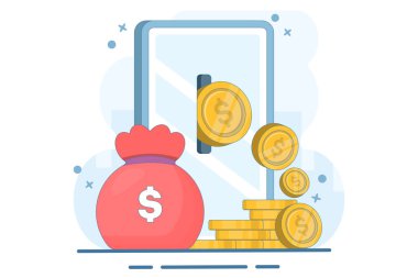 Çevrimiçi gelir, finansal başarı, yatırım, ticaret gibi finansal kavramlar. Çalışmak ve bilgisayardan para kazanmak. Cihaz ekranında altın sikkeler, kalem ve dijital pazarlama. Düz vektör illüstrasyonu.