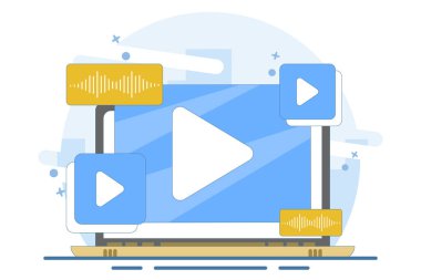 akıllı aygıt üzerine video oynatıcı ekran konsepti, iniş sayfası, UI, mobil uygulama, eğitim veya e-öğrenme ve video öğretim pencereli çevrimiçi video içeriği. Düz Çizim.