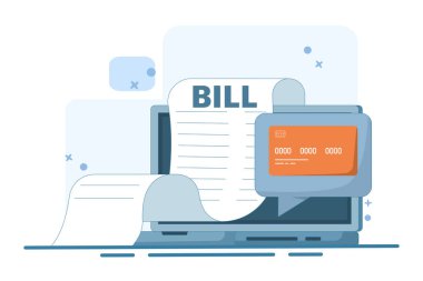 Bilgisayarda çevrimiçi ödeme kavramı, ödeme kartı ve dizüstü bilgisayarla büyük fatura ödeyen düz çizgi film, mali muhasebe, dijital faturalı elektronik ödeme bildirimi. Vektör illüstrasyonu.