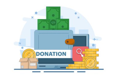 Bağış Bağışı Konsepti, başkalarına yardım ve destek olmak, para vermek veya gönüllü olmak, başkalarına yardım etmek için mobil sosyal uygulama kavramı. düz vektör illüstrasyonu.