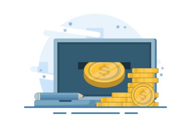 Çevrimiçi gelir, finansal başarı, yatırım, ticaret gibi finansal kavramlar. Çalışmak ve bilgisayardan para kazanmak. Cihaz ekranında altın sikkeler, kalem ve dijital pazarlama. Düz vektör illüstrasyonu.