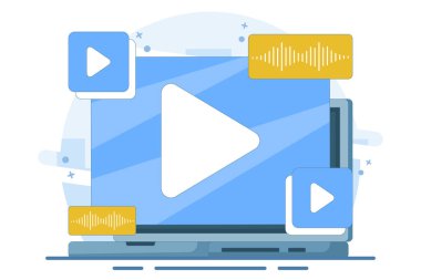 akıllı aygıt üzerine video oynatıcı ekran konsepti, iniş sayfası, UI, mobil uygulama, eğitim veya e-öğrenme ve video öğretim pencereli çevrimiçi video içeriği. Düz Çizim.