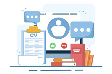 İş arama konsepti. Adam toplama ajansı. Çevrimiçi iş görüşmesi, işe alım süreci, aday seçimi, özgeçmiş, özgeçmiş ve iş olanakları. Web pankartı için vektör illüstrasyonu.