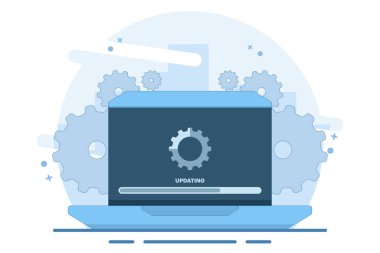 Laptop computer with software update screen, System maintenance, update process, operating system update, software installation, operating system. Flat vector illustration on background. clipart