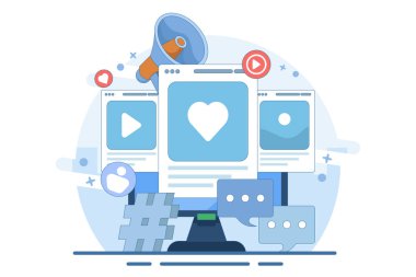 İniş sayfası, web afişi, uygulama için sosyal medya pazarlama kavramı. Çevrimiçi iş stratejisi, iş içeriği stratejisi, pazarlama materyalleri, dijital pazarlama çevrimiçi bağlantı. Düz vektör illüstrasyonu.