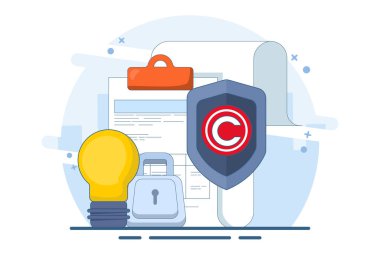 Intellectual property protection concept. copyright patent law, copyright protected by law, patent protection, intellectual property, copyright symbol, legal document. Flat vector illustration. clipart