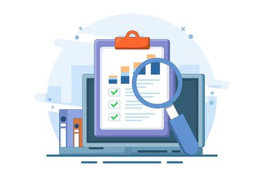 grafikli muhasebe analitik kavramı, bilgisayar denetim araştırması, düz karikatür, büyük kağıt rapor mali rapor veri analizi bilgisayar ve büyüteç, dijital belge kontrolü.