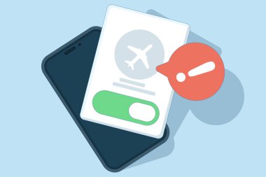 Uçak modu kavramı, ekranda uçak modu uyarısı, akıllı telefon veya tablet, düz çizgi film çizimi uyarı, izole telefon veya tablet uçuş bilgisi bildirim.