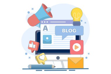 Konsept blog yazma, eğitim, yaratıcı yazma, içerik yönetimi, makale yazma, haber, metin yazma, seminer, özel ders, atölye. Mobil ve web grafikleri için düz vektör illüstrasyon tasarımı.