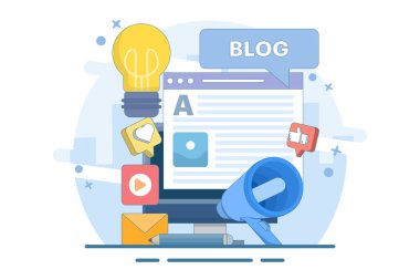 Konsept blog yazma, eğitim, yaratıcı yazma, içerik yönetimi, makale yazma, haber, metin yazma, seminer, özel ders, atölye. Mobil ve web grafikleri için düz vektör illüstrasyon tasarımı.