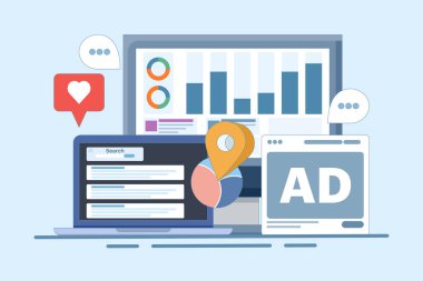 Dijital pazarlama raporu konsepti, web sitesi pazarlama analizi, sosyal medya reklam veri analizi, SEO denetimi, içerik analizi, çevrimiçi web sitesi denetimi ve veri analizi, düz vektör illüstrasyonu.