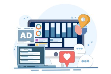 Dijital pazarlama raporu konsepti, web sitesi pazarlama analizi, sosyal medya reklam veri analizi, SEO denetimi, içerik analizi, çevrimiçi web sitesi denetimi ve veri analizi, düz vektör illüstrasyonu.