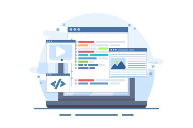 Yerel sunucuda web tasarımı kullanıcı arayüzü prototip denemesi kavramı. Web sitesi geliştirme, dizüstü bilgisayarda kodlama, ve iniş sayfası için programlama, web pankartı, mobil uygulama. vektör illüstrasyonu.