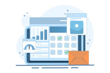 Birden fazla iş görevini yürüten proje yönetimi yazılımı kavramı, Şirket proje yönetim sistemi ile projeleri yönetir, simgelerle düz tasarım vektör çizimi.