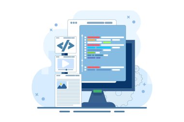 Yerel sunucuda web tasarımı kullanıcı arayüzü prototip denemesi kavramı. Web sitesi geliştirme, dizüstü bilgisayarda kodlama, ve iniş sayfası için programlama, web pankartı, mobil uygulama. vektör illüstrasyonu.