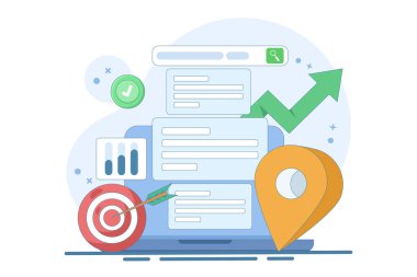 Çevrimiçi bilgi arama kavramı. Yerel pin konumu simgesi ve hedefi olan akıllı aygıt ekranında arama motoru. SEO Optimizasyon Pazarlama Stratejisi. Arkaplanda düz vektör illüstrasyonu.