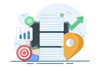 Çevrimiçi bilgi arama kavramı. Yerel pin konumu simgesi ve hedefi olan akıllı aygıt ekranında arama motoru. SEO Optimizasyon Pazarlama Stratejisi. Arkaplanda düz vektör illüstrasyonu.