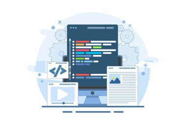 Yerel sunucuda web tasarımı kullanıcı arayüzü prototip denemesi kavramı. Web sitesi geliştirme, dizüstü bilgisayarda kodlama, ve iniş sayfası için programlama, web pankartı, mobil uygulama. vektör illüstrasyonu.