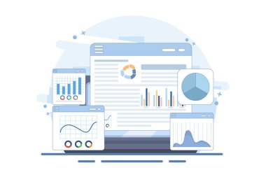 Piyasa genişlemesi konsepti. Finansal rapor, yatırım verileri, satış bilgileri, iş analizleri, hesaplama, iş adamı büyüteçle şema ve grafikleri analiz ediyor. resimleme.