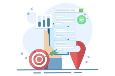 Çevrimiçi bilgi arama kavramı. Yerel pin konumu simgesi ve hedefi olan akıllı aygıt ekranında arama motoru. SEO Optimizasyon Pazarlama Stratejisi. Arkaplanda düz vektör illüstrasyonu.