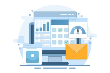 Birden fazla iş görevini yürüten proje yönetimi yazılımı kavramı, Şirket proje yönetim sistemi ile projeleri yönetir, simgelerle düz tasarım vektör çizimi.