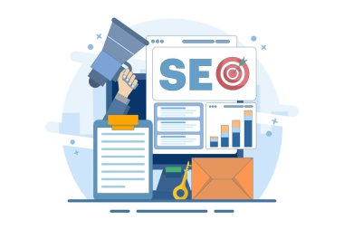 SEO Arama Motoru İyimserleştirme Konsepti. Web sitesi için kavramsal SEO analizi ve optimizasyonu, SEO stratejisi ve pazarlama vektör çizimi. Modern düz tasarım şablonu.