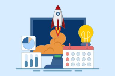 Startup business Project konsepti, Startup business project, mali planlama, fikir, strateji, yönetim, farkındalık ve başarı. Roket fırlatma monitörden. Arkaplanda düz vektör illüstrasyonu.