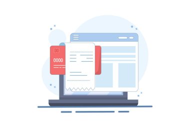 Ödeme faturası tasarısı dizüstü bilgisayardaki ödeme kartı, elektronik dijital para faturası ödeme işlemi başarılı, makbuz tamamlandı, onaylanmış ödeme fikri doğrulandı.