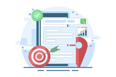 Çevrimiçi bilgi arama kavramı. Yerel pin konumu simgesi ve hedefi olan akıllı aygıt ekranında arama motoru. SEO Optimizasyon Pazarlama Stratejisi. Arkaplanda düz vektör illüstrasyonu.