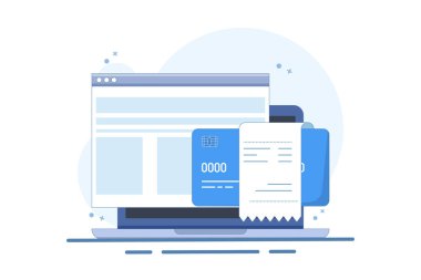 Ödeme faturası tasarısı dizüstü bilgisayardaki ödeme kartı, elektronik dijital para faturası ödeme işlemi başarılı, makbuz tamamlandı, onaylanmış ödeme fikri doğrulandı.