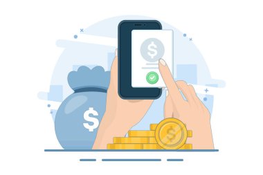 Cep telefonundaki konsept kontrol parası, kontrol işaretli cep telefonu ve bozuk paralar. dijital pazarlama, çevrimiçi ödeme, onaylanmış internet aktarımı, dijital para transferi.