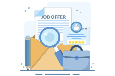 İş teklifi konsepti, adam toplama, kariyer yapma, boş pozisyonlar. Poster topluyoruz. İş teklifiyle birlikte e-posta al. İşe alım araması. Düz vektör illüstrasyonu.