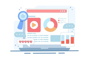 İçerik pazarlama kavramı, web sitesi içeriği performans analizi, dijital pazarlama stratejisi, SEO, sosyal medya, veri analizi. Arkaplanda vektör illüstrasyonu.