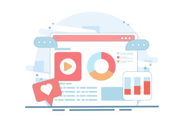 İçerik pazarlama kavramı, web sitesi içeriği performans analizi, dijital pazarlama stratejisi, SEO, sosyal medya, veri analizi. Arkaplanda vektör illüstrasyonu.