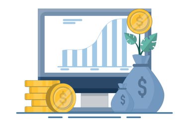 Dijital finansal büyüme kavramı, bilgisayarlı veya dizüstü bilgisayarlı çevrimiçi finans sistemi analizi, web rapor paneli ve iş dünyası finans yatırımlarında veri analizi ve izleme. Düz Çizim.