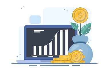 Dijital finansal büyüme kavramı, bilgisayarlı veya dizüstü bilgisayarlı çevrimiçi finans sistemi analizi, web rapor paneli ve iş dünyası finans yatırımlarında veri analizi ve izleme. Düz Çizim.
