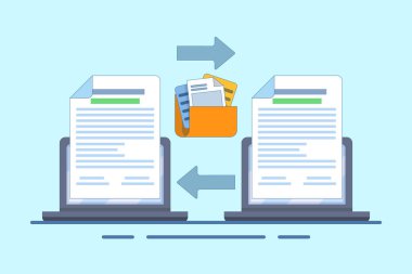 Belge işbirliği konsepti, takım çalışması, online dosya değişimi. Ofis sözleşmelerini düzenleyen kağıt belgeler. Pankart, web sitesi, iniş sayfası, broşür için vektör illüstrasyonu.