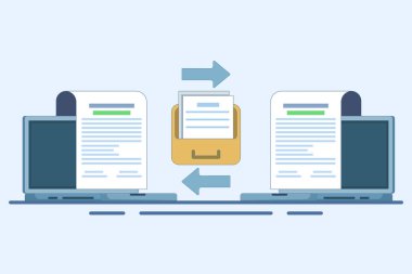 Belge işbirliği konsepti, takım çalışması, online dosya değişimi. Ofis sözleşmelerini düzenleyen kağıt belgeler. Pankart, web sitesi, iniş sayfası, broşür için vektör illüstrasyonu.